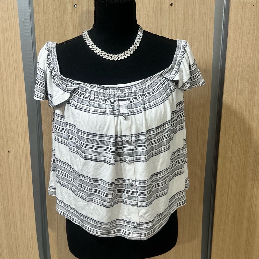 torrid White & Black Striped Off-Shoulder Ruffle Top